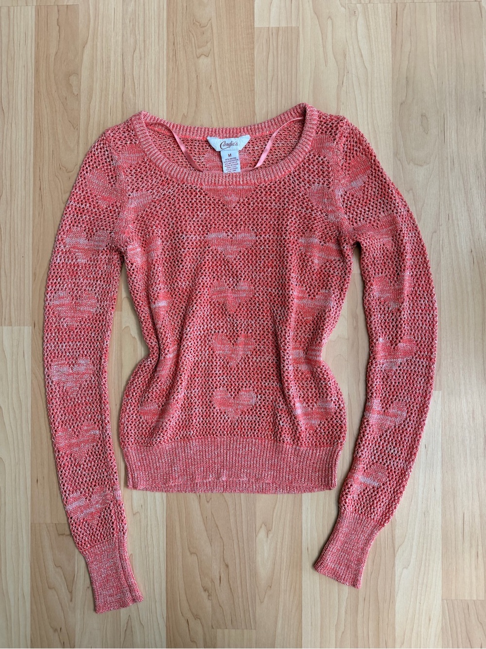 Candie's Heart Design Open-Knit Sweater, Women’s Medium